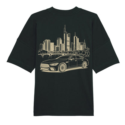 CLUTCHO Frankfurt Skyline Oversized T-Shirt in Schwarz, schwere Bio-Baumwolle im Boxy Fit – Detailansicht.