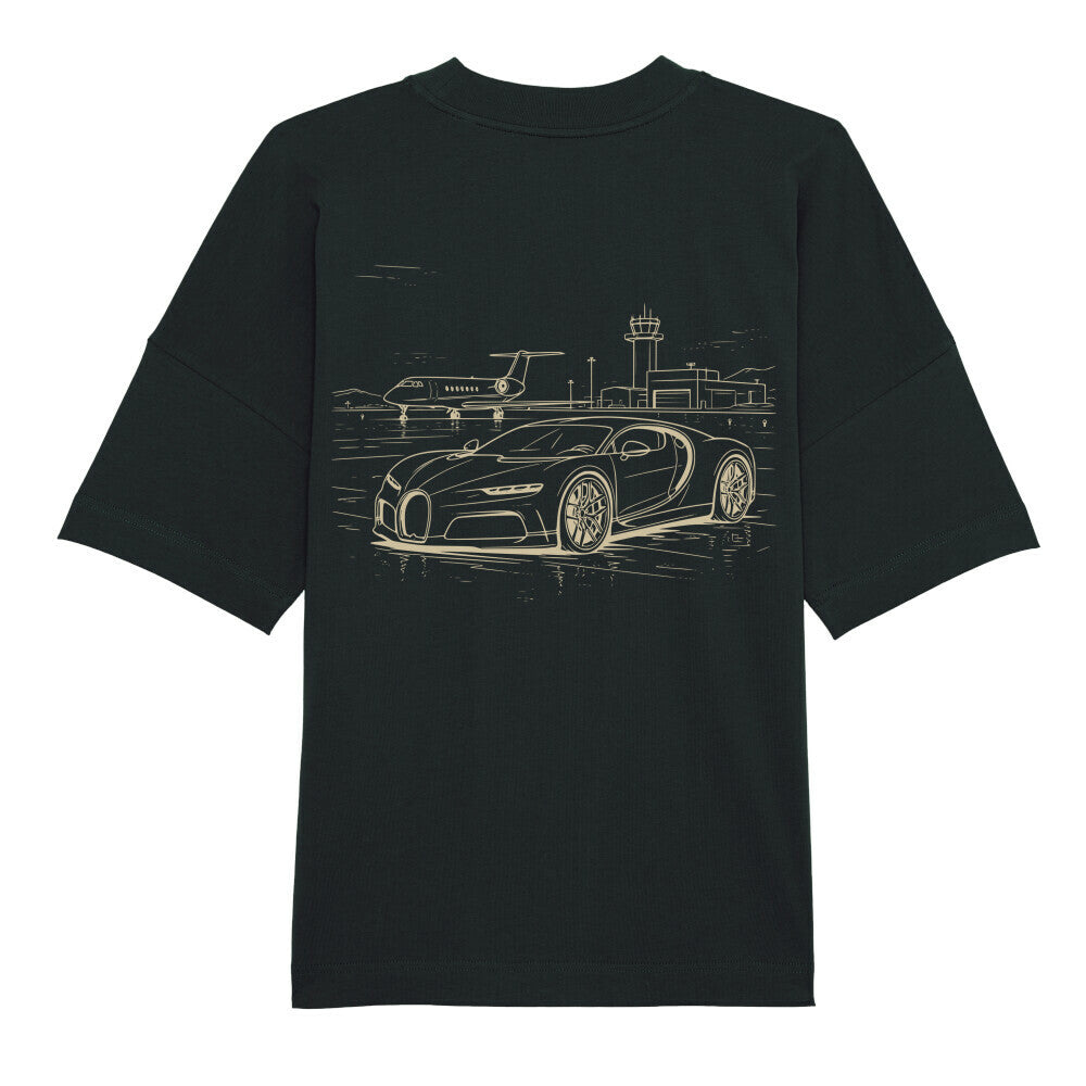 CLUTCHO Jetset Oversized T-Shirt in Schwarz, schwere Bio-Baumwolle im Boxy Fit – Detailansicht.