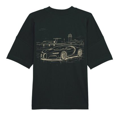 CLUTCHO Jetset Oversized T-Shirt in Schwarz, schwere Bio-Baumwolle im Boxy Fit – Detailansicht.