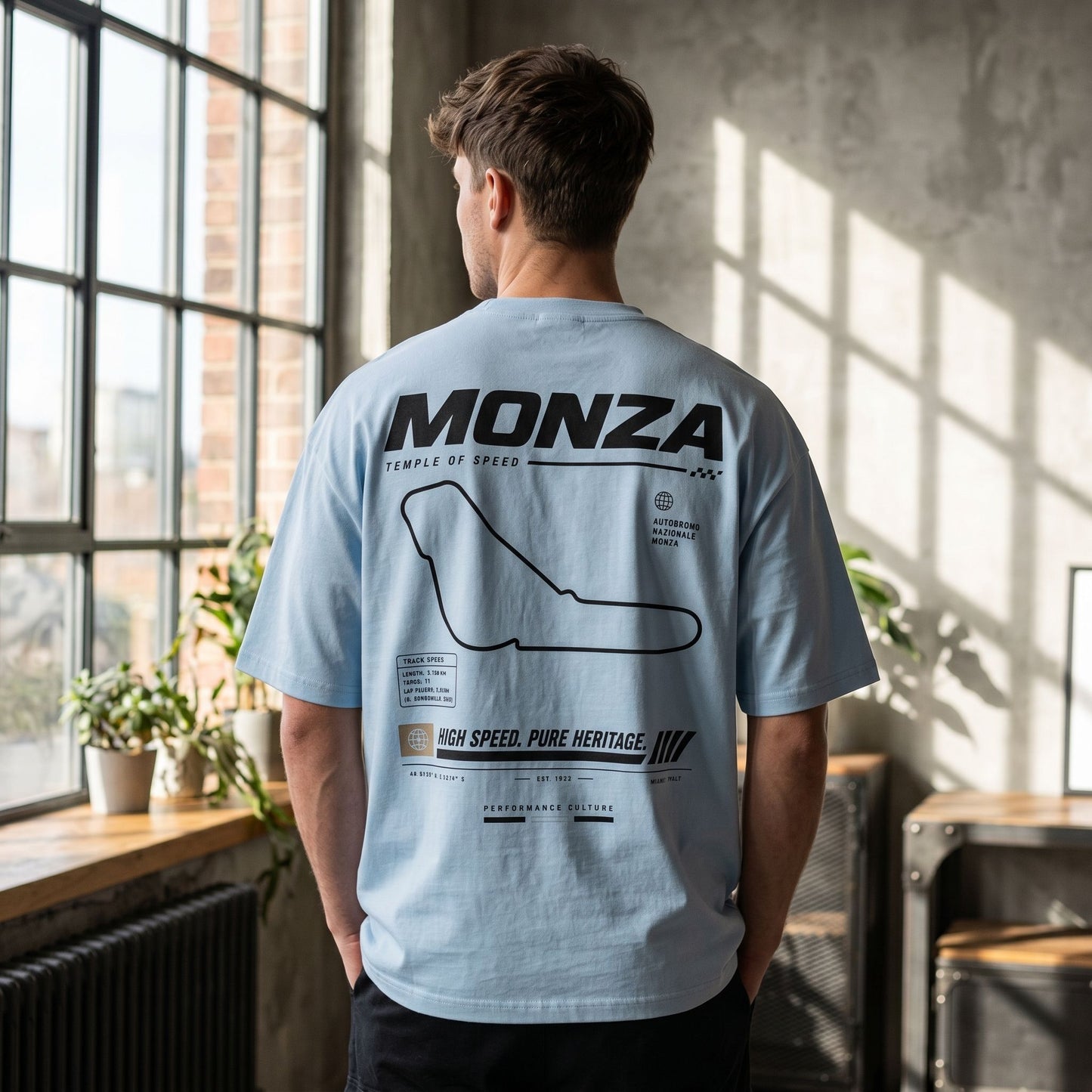 Close-up of the Clutcho Oversized Shirt featuring Monza track layout and data, emphasizing print details and cotton texture.