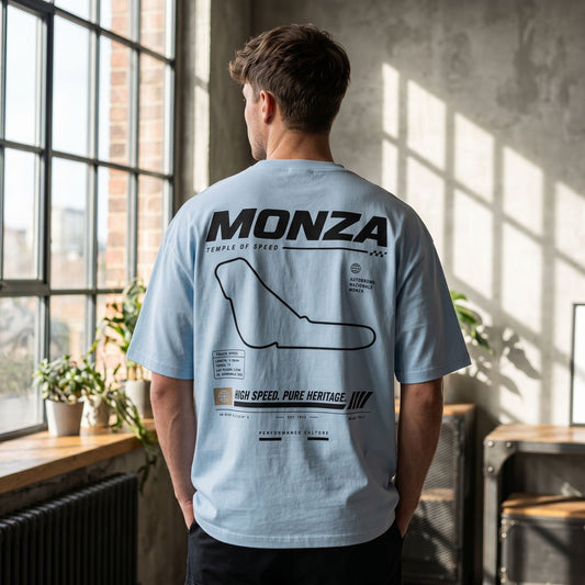 Close-up of the Clutcho Oversized Shirt featuring Monza track layout and data, emphasizing print details and cotton texture.