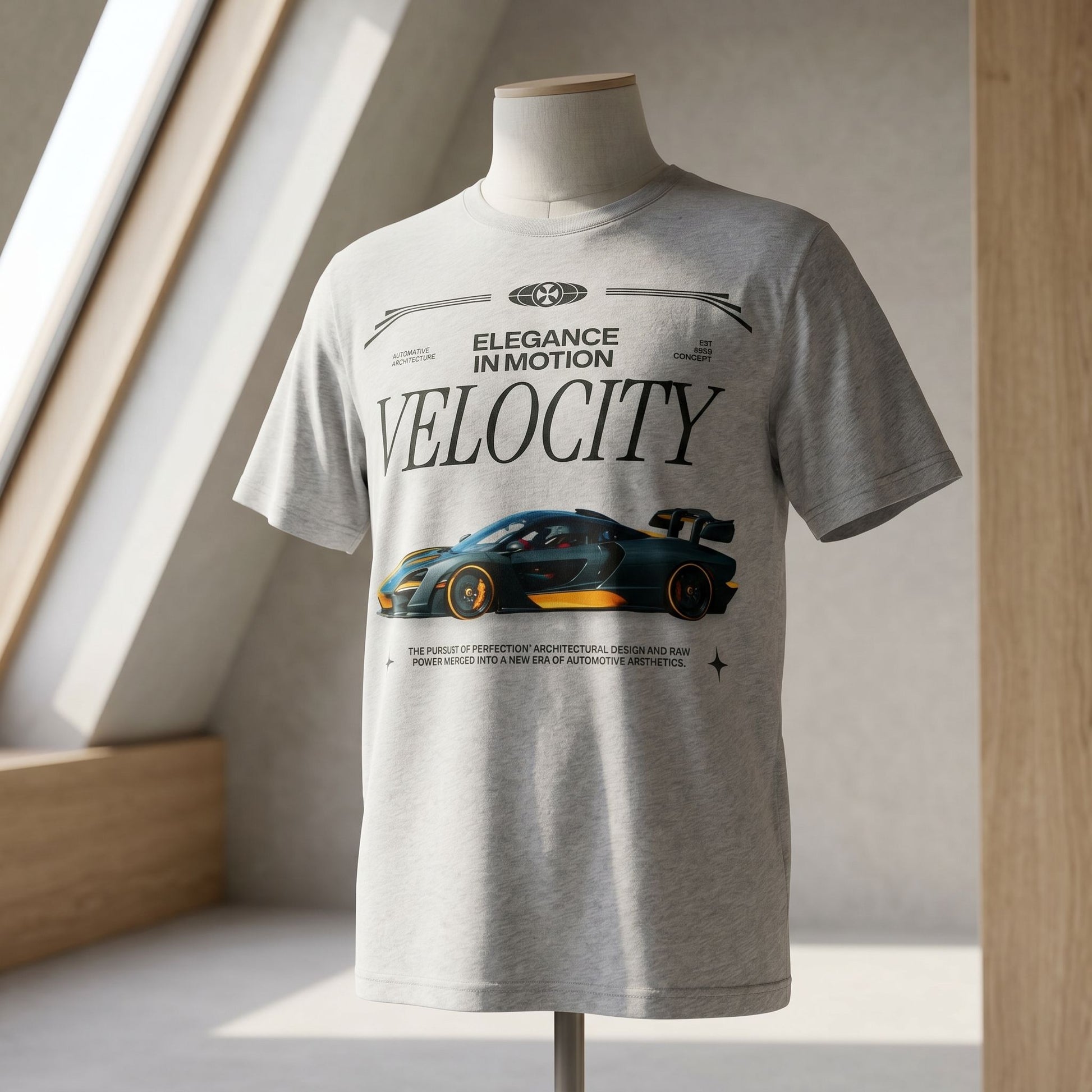 Close-up of CLUTCHO Velocity Shirt in Heather Grey showcasing cotton texture and clean edges on a mannequin.