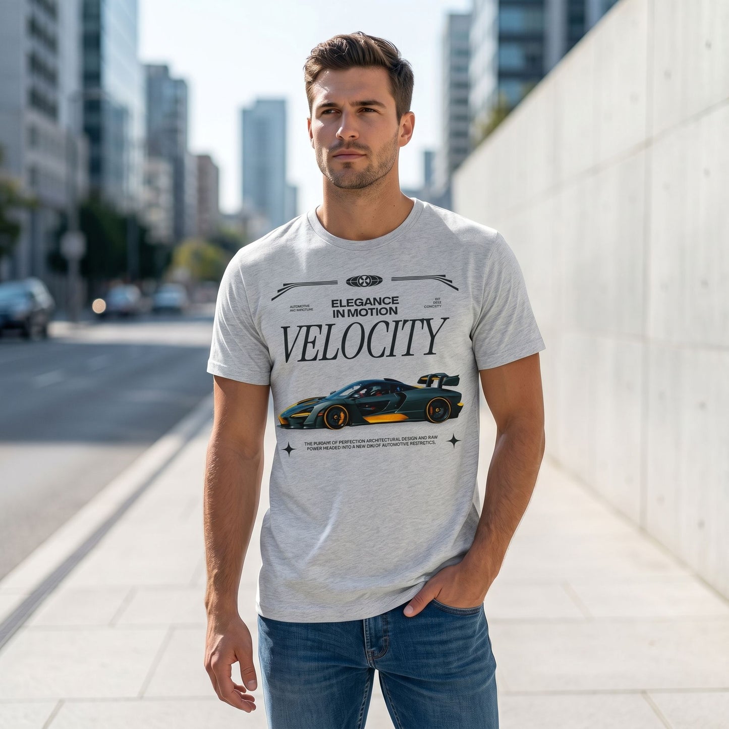 Full-body view of model wearing CLUTCHO Velocity Shirt in Heather Grey in a modern urban setting, showcasing relaxed fit.