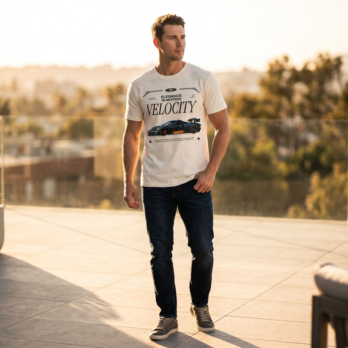 Model wearing CLUTCHO Velocity Shirt in Natural Raw outdoors during golden hour, highlighting relaxed fit and breathable fabric.