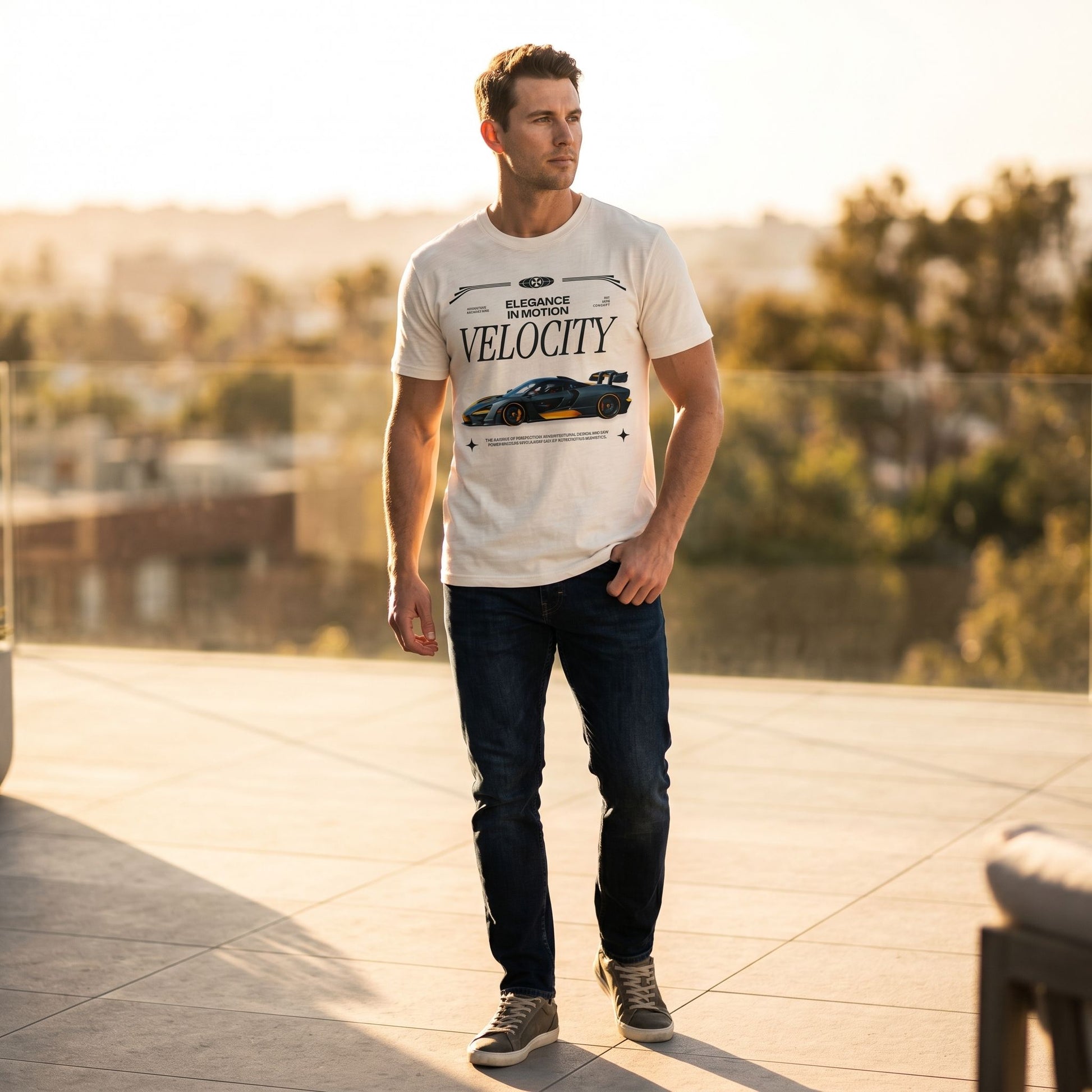 Model wearing CLUTCHO Velocity Shirt in Natural Raw outdoors during golden hour, highlighting relaxed fit and breathable fabric.