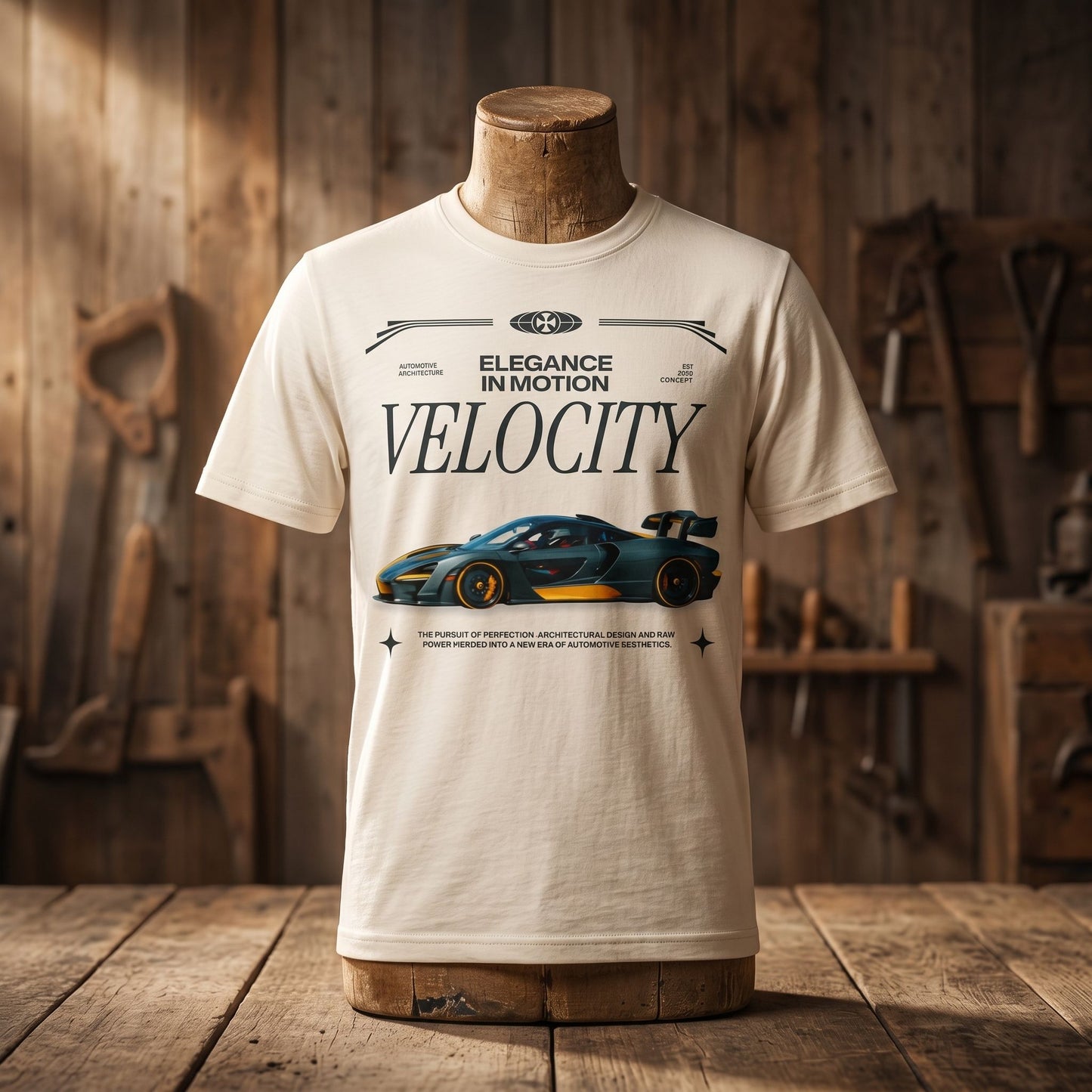 CLUTCHO Velocity Shirt in Natural Raw displayed on mannequin in a rustic wooden studio setting.