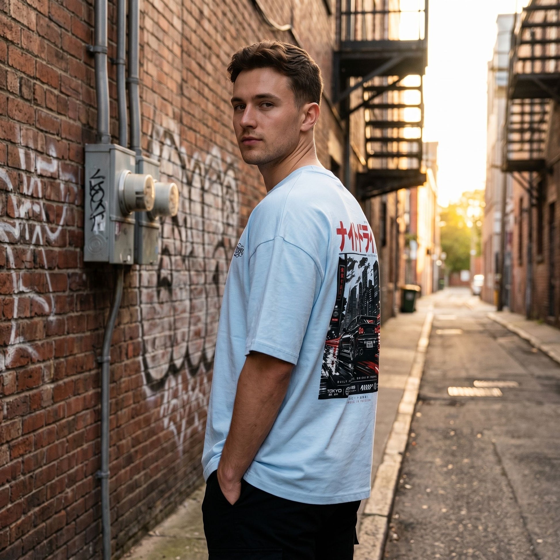 Model wearing Tokyo Night Drive Oversized Shirt in an urban alley during golden hour, emphasizing relaxed fit and streetwear style.