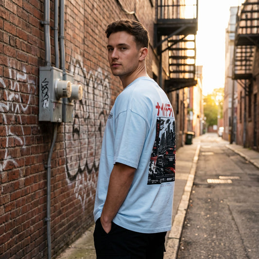 Model wearing Tokyo Night Drive Oversized Shirt in an urban alley during golden hour, emphasizing relaxed fit and streetwear style.