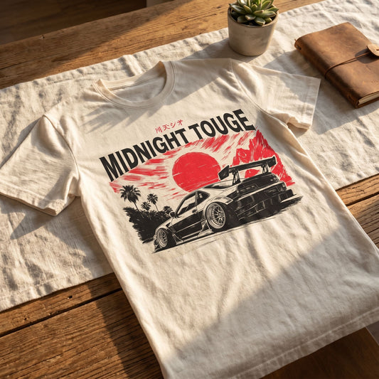 Casual lifestyle scene of the CLUTCHO Midnight Touge T-Shirt laid on linen outdoors during golden hour, emphasizing fabric and design.